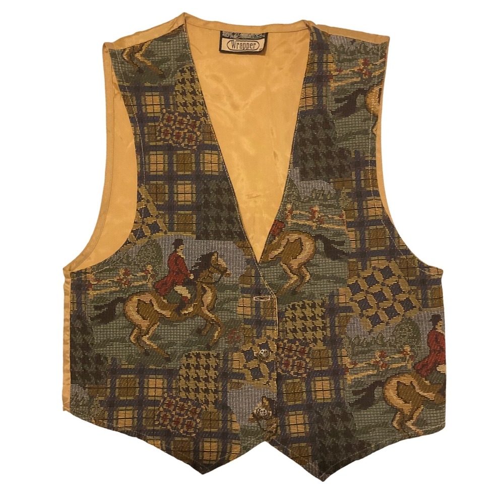 Vintage Wrapper USA Equestrian Tapestry Vest Horse Hunt Scene‎ Plaid Gold Back
